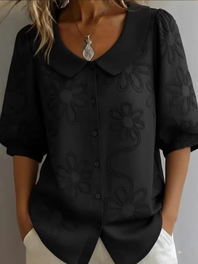 Retro Women's Blouse with 3D Floral Embroidery – Loose, Button Placket & Elegant