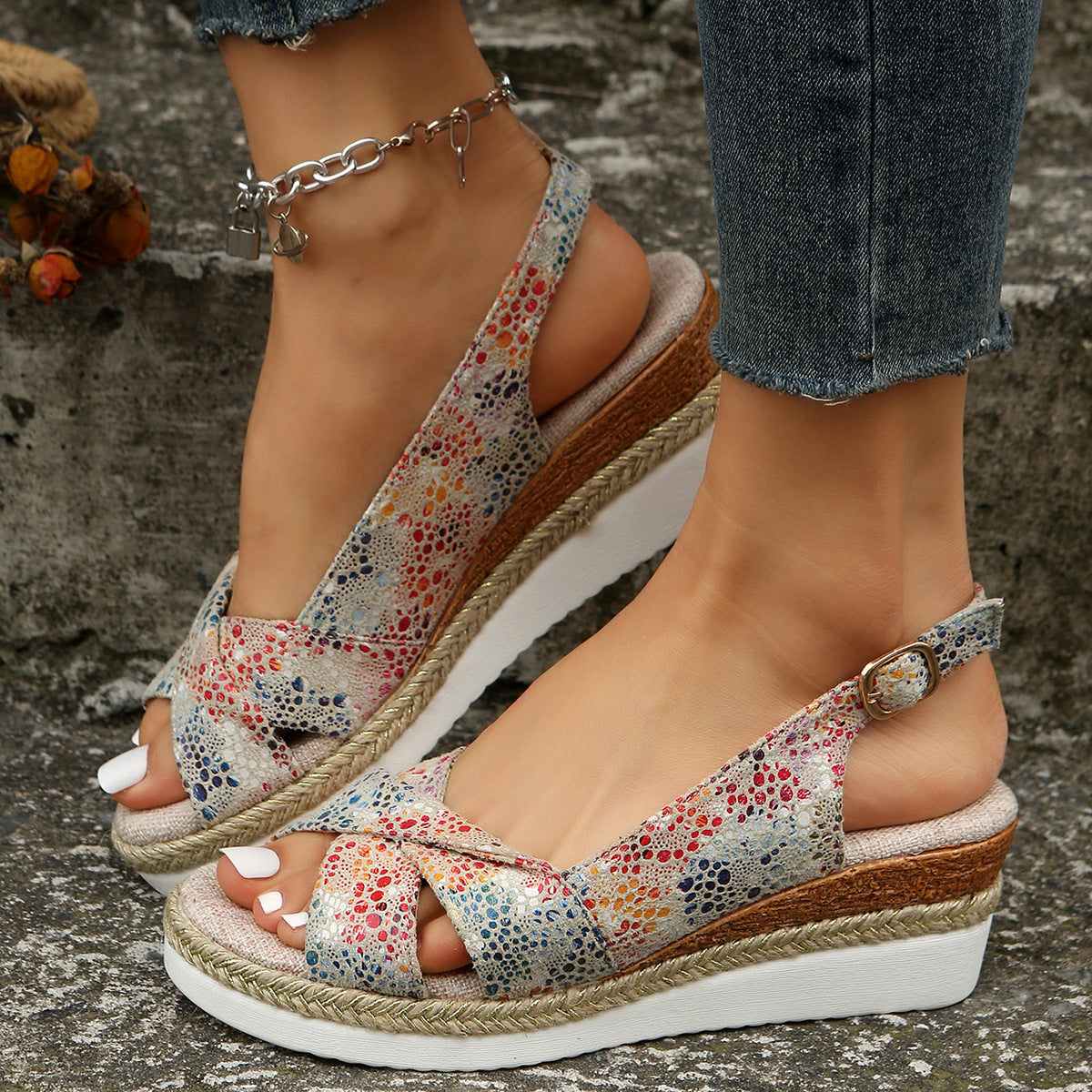 Plus Size Damen Keilsandalen | Kreuzriemen Komfort Sommer Schuhe