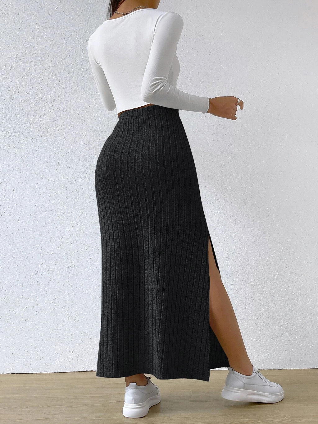 Women's Knitted Maxi Skirt | High Waist Skirt with Side Slit