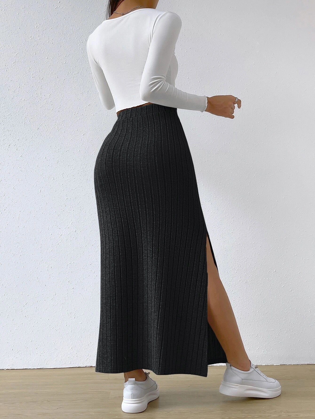 Damen Strick Maxirock | High Waist Rock mit Seitenschlitz