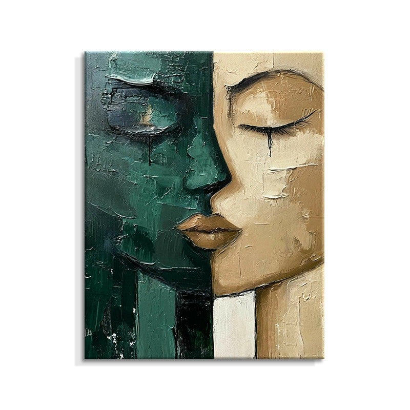 Ölbild Gesicht Grün Beige | Handgemalte Leinwand moderne Wandkunst