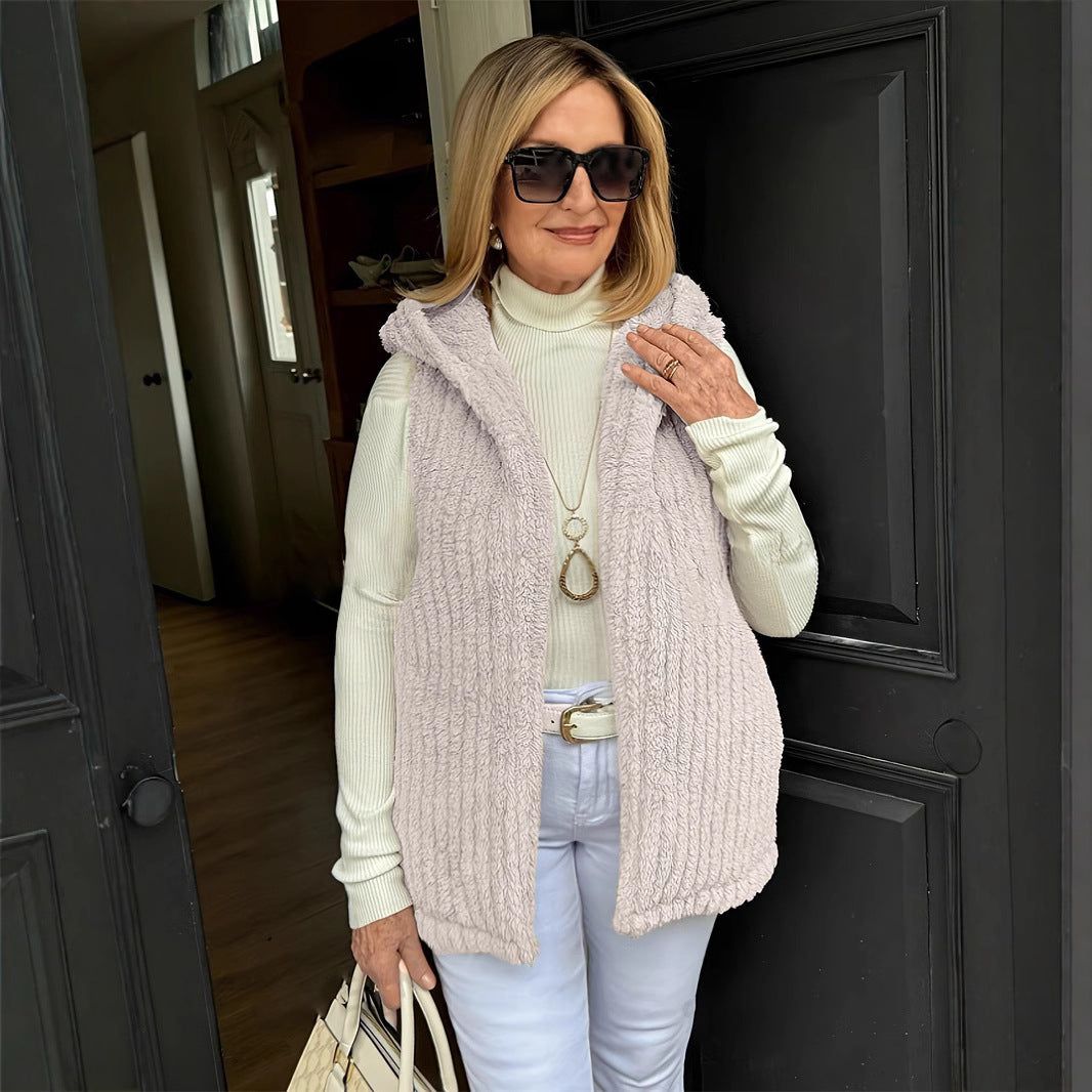 Damen Kapuzenweste Flauschig – Ärmellos, Warm & Casual Look