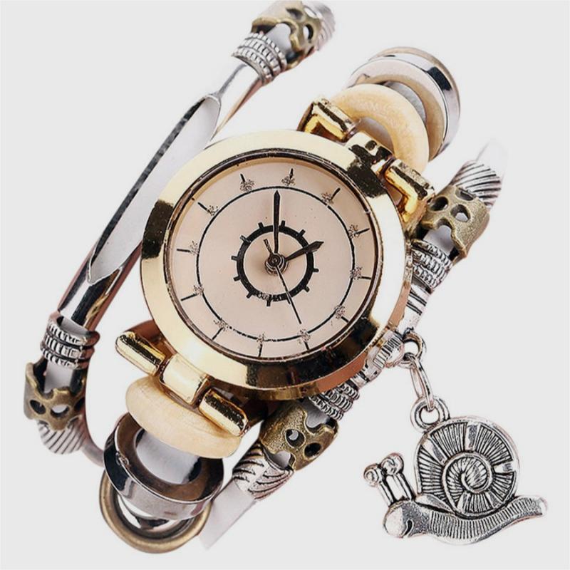 Vintage Ladies' Wristwatch, Curved Leather Strap, Snail Pendant