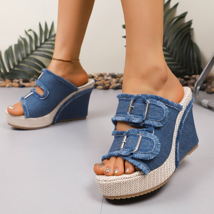 Women's Denim Mule Sandals – Block Heel Slip-On with Buckle