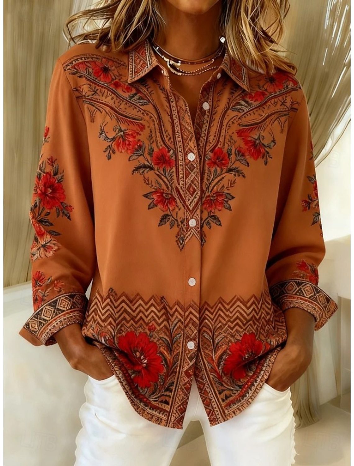 Relaxed Women's Blouse with Lapel Collar and Print – Long Sleeve & Stylish