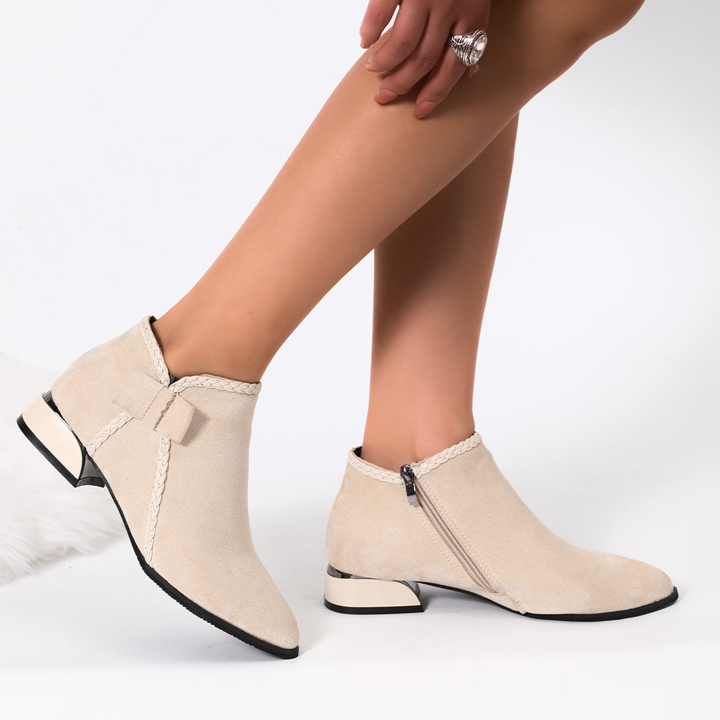 Women's Ankle Boots Pointed Toe with Bow – Elegant Side Zip Boots