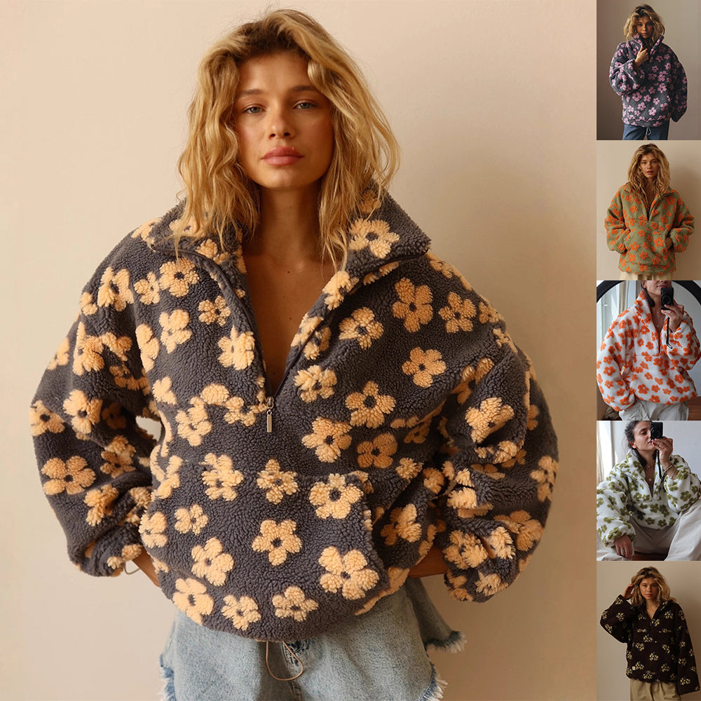 Women's Floral Fleece Pullover | Warm Oversized Look