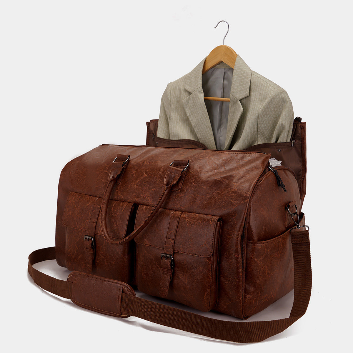 Travel Garment Bag Made of PU Leather – Foldable Garment Bag with Storage Compartments