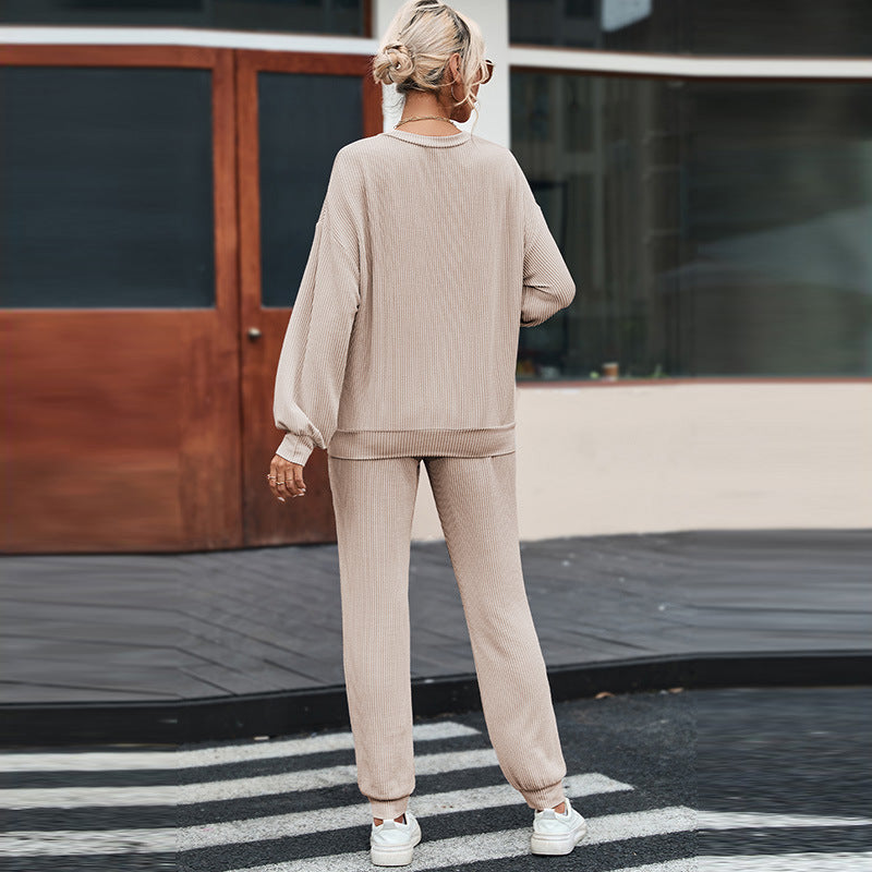 Women's Plain Loungewear Set – Long-Sleeved Top & Trousers Comfort Suit