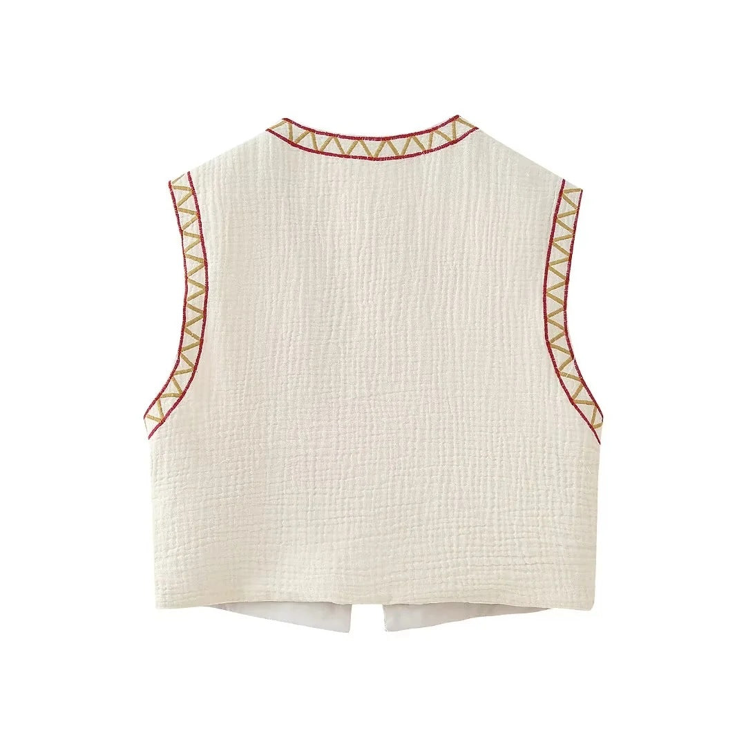 Damen Stickerei Weste | Rundhals Vintage Fashion Style