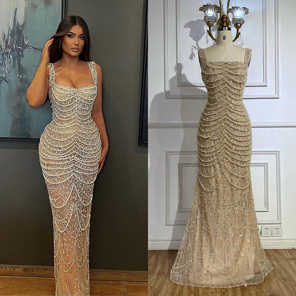 Beaded Evening Dress for Women Elegant | Nude Luxury Glamour Dress
