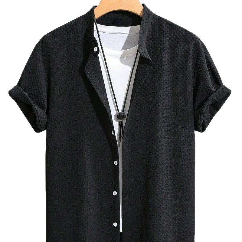 Men's Stand-Up Collar Shirt | Summer Short Sleeve Plain Breathable