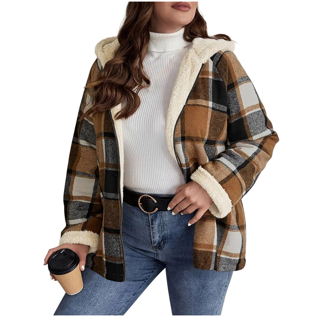 Checkered women's coat with hood | Warm winter jacket