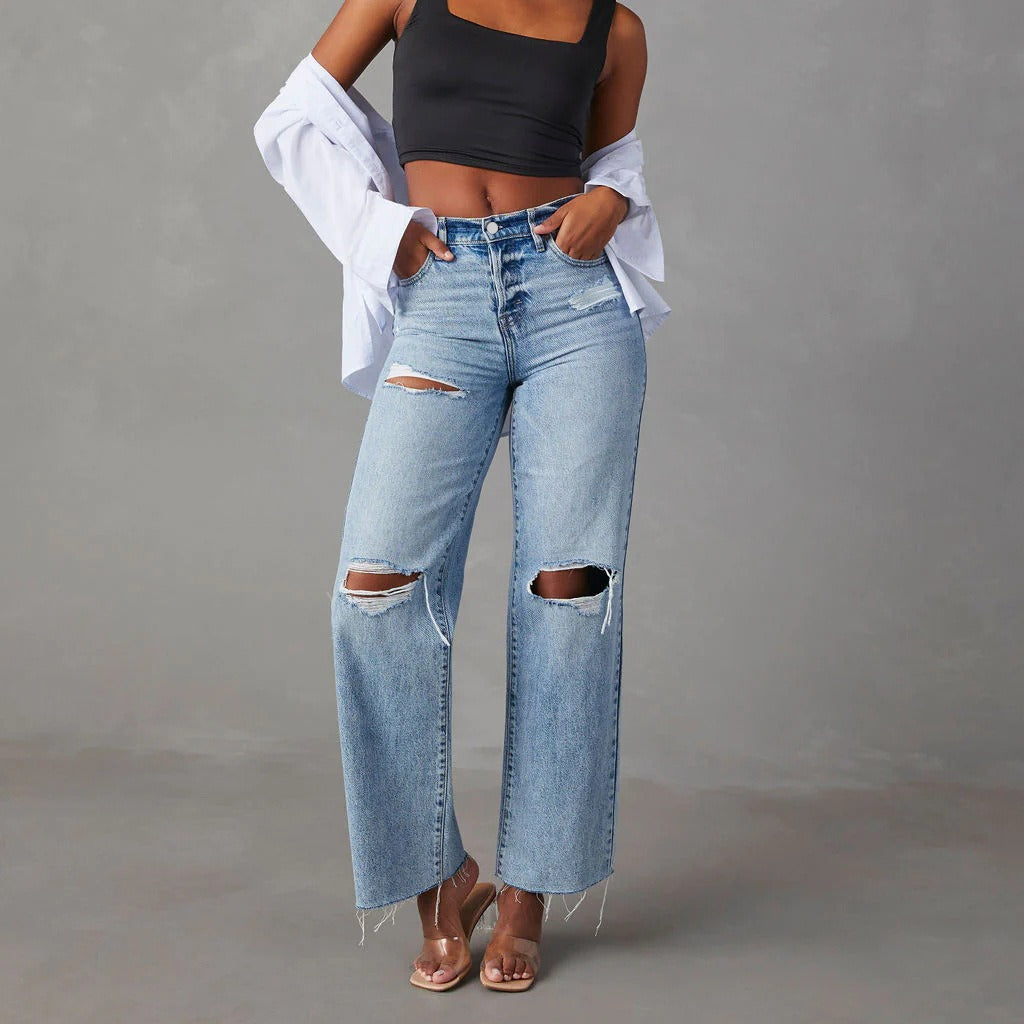 Women's Straight Leg Jeans Distressed Look – Washed Denim with Raw Hem