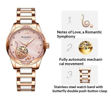 Ladies Automatic Watch Wine Red – Skeleton Design Luxury Wristwatch