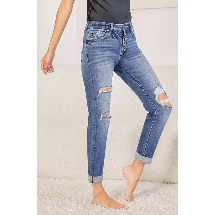 Women's Slim Fit Straight Leg Jeans – Ripped Cuffed Denim Pants