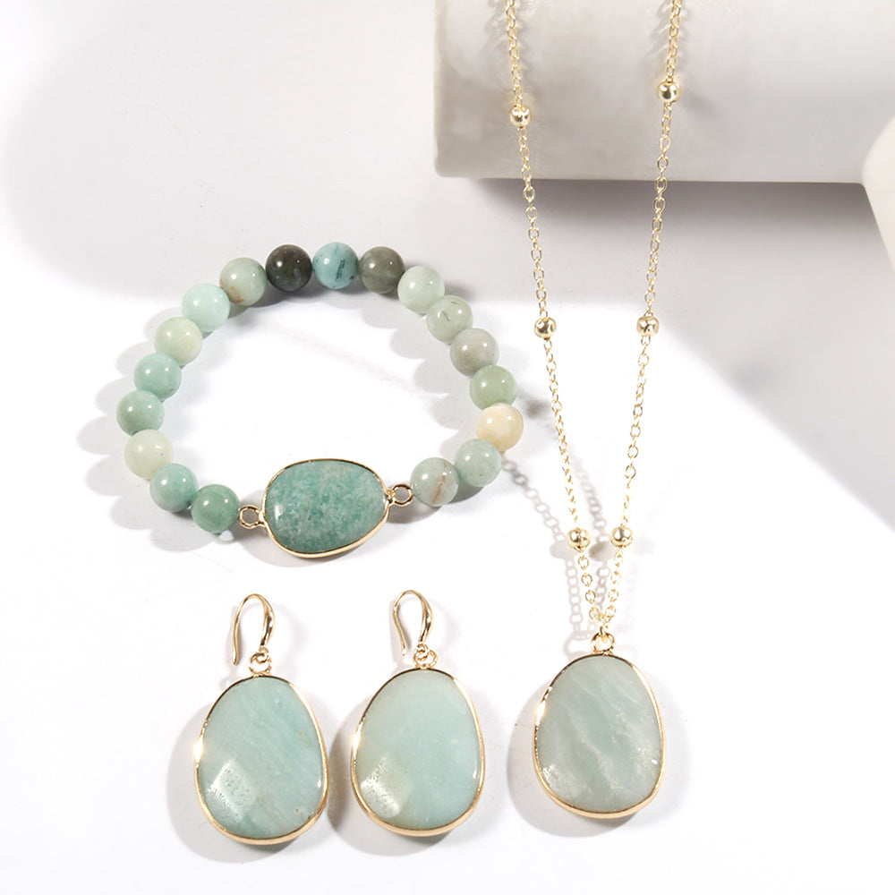 Golden Jewelry Set with Natural Stone – Necklace, Bracelet & Earrings for Women