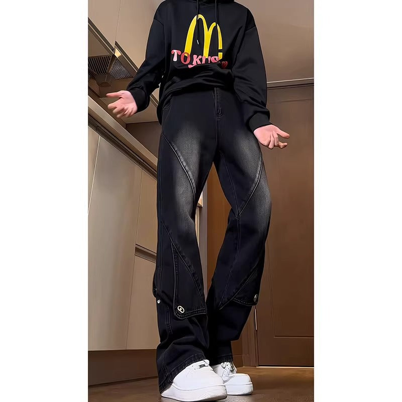 Men's Workwear Patchwork Jeans - Wide Leg Flared Denim Pants