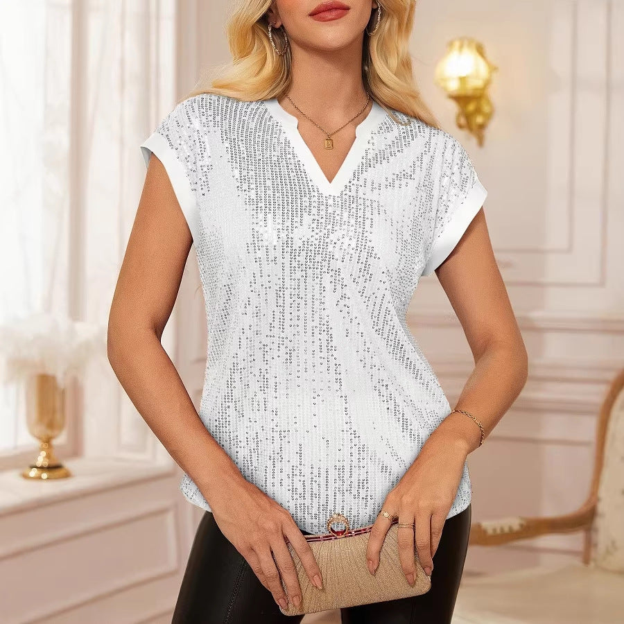 Damen Pailletten Top mit V-Ausschnitt – Kurzarm Party Glamour