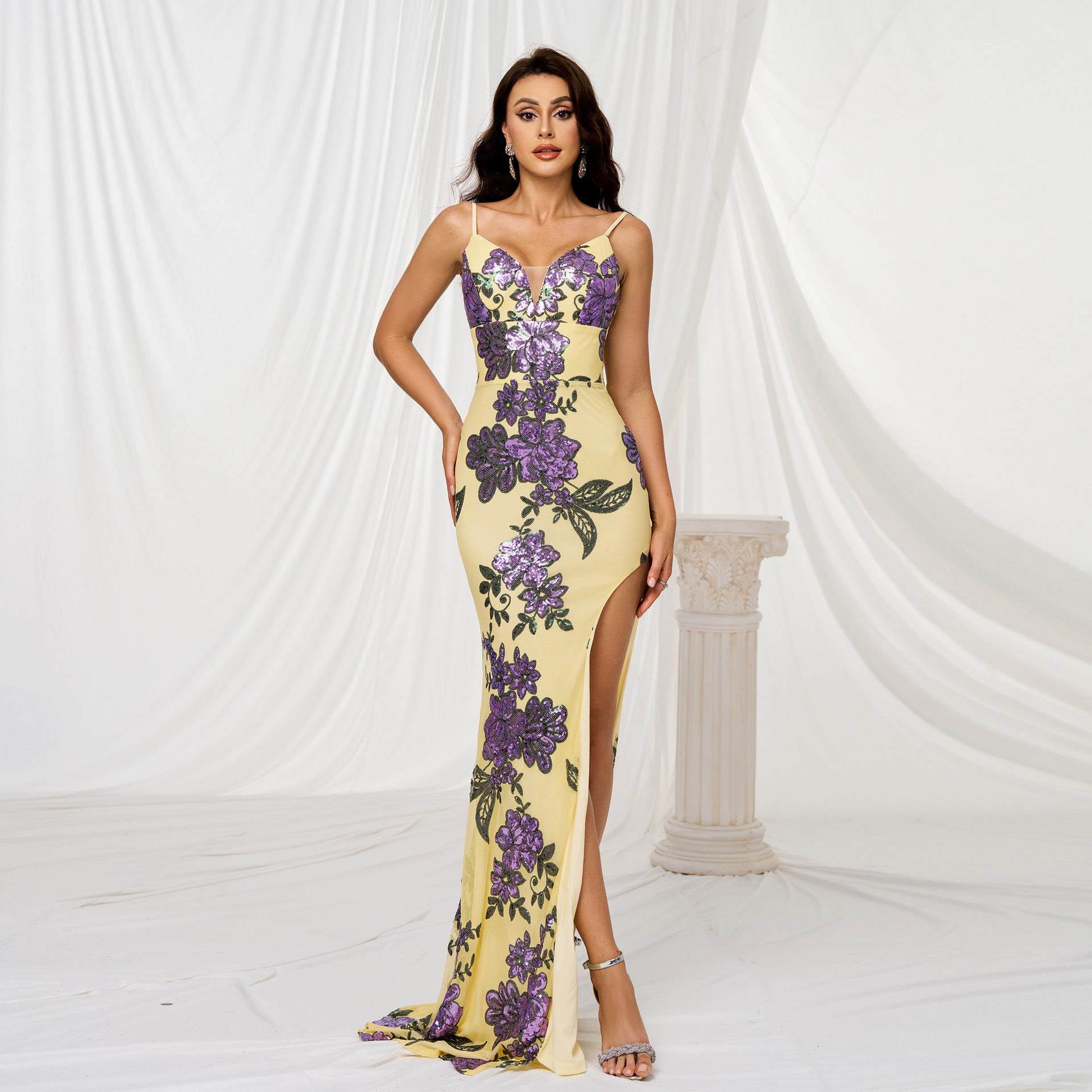 Pailletten Abendkleid Damen Elegant | V-Ausschnitt Luxus Kleid