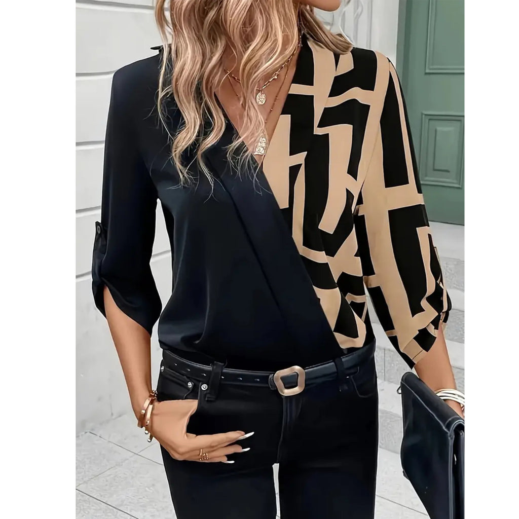 Fashionable Women's Black Blouse with V-Neck – Patchwork & Casual Chic