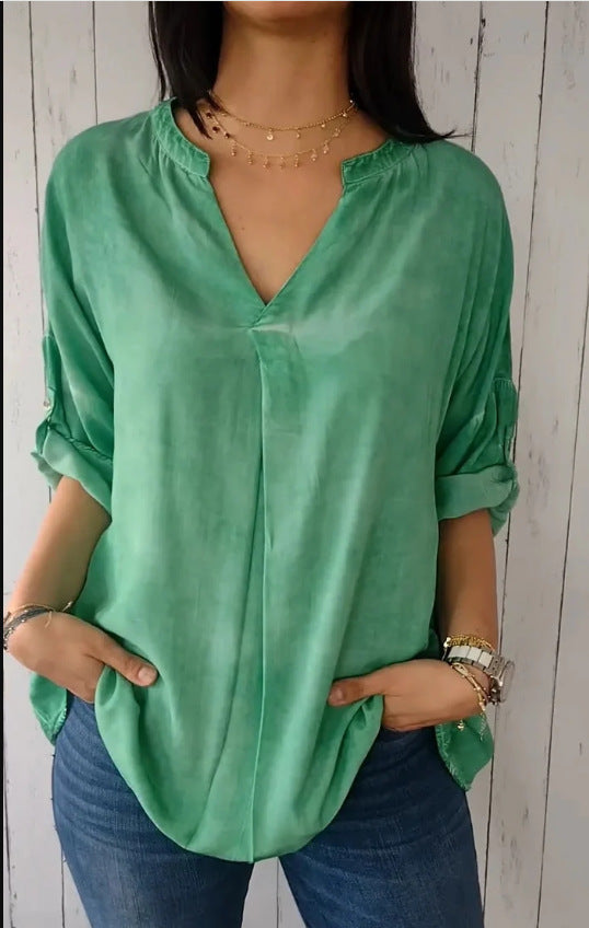 Plus Size Damenbluse Baumwolle Leinen | V-Ausschnitt Shirt