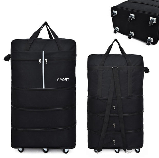 Black luggage with 'SPORT' branding on a white background