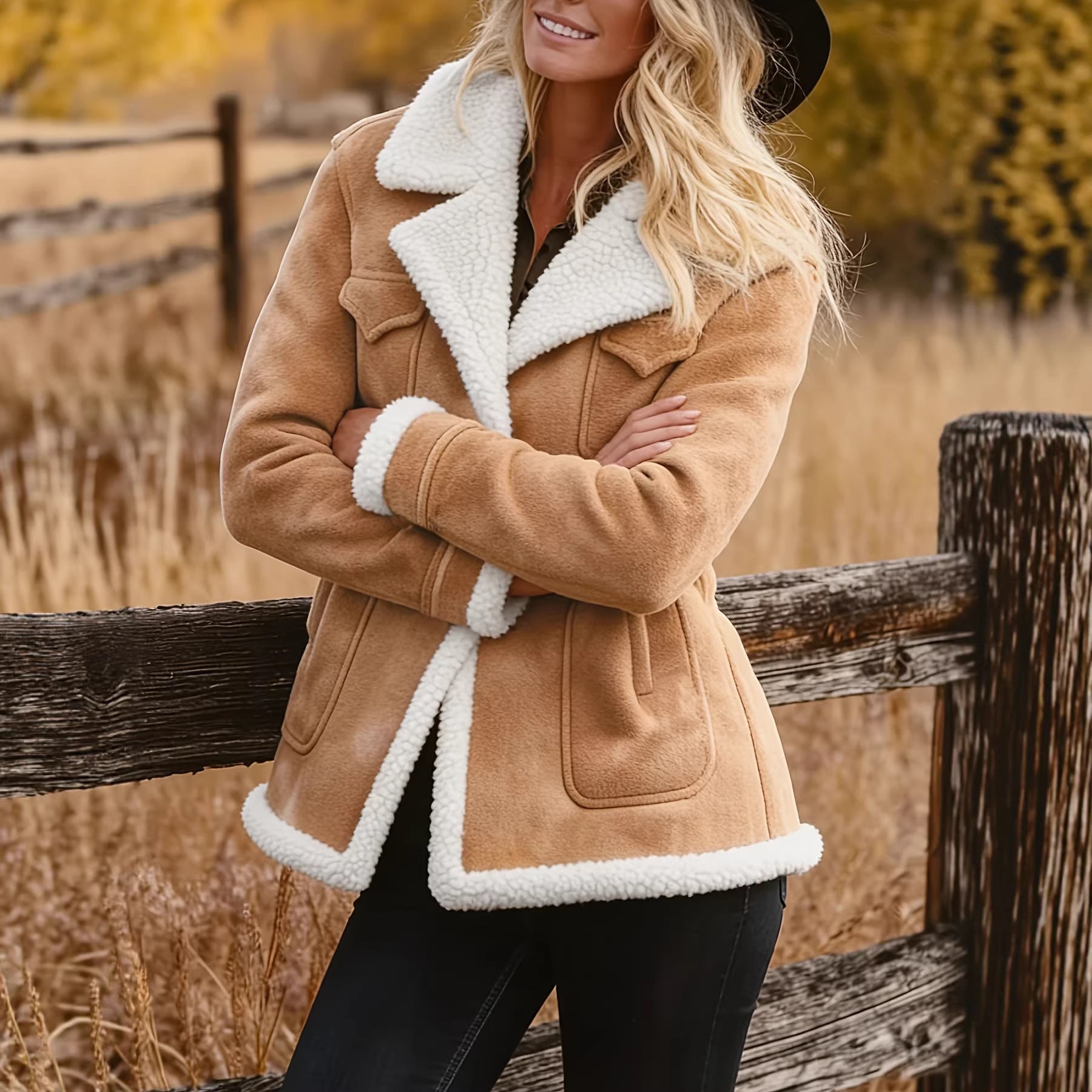 Damen Retro Fellmantel mit Taschen – Herbst & Winter Elegant