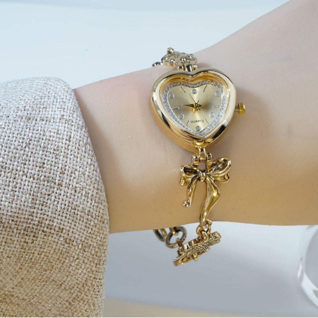 Women's Vintage Heart Jewelry Watch – Gold Bow & Floral Design