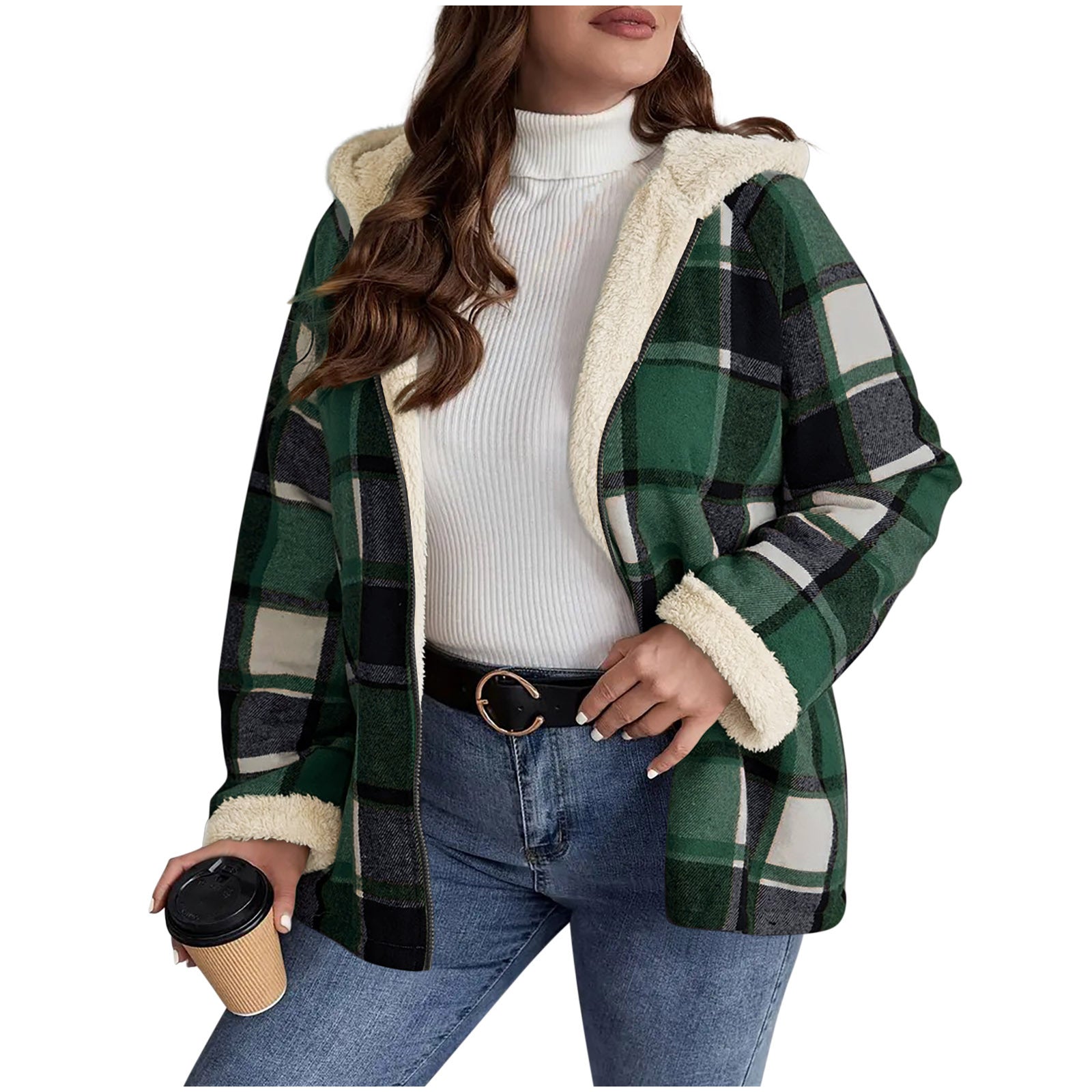 Checkered women's coat with hood | Warm winter jacket