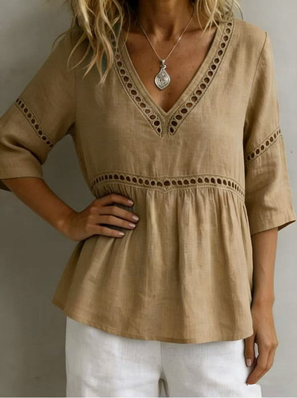 Women's V-Neck Top with Cut-Out – Fringes, Loose & Trendy