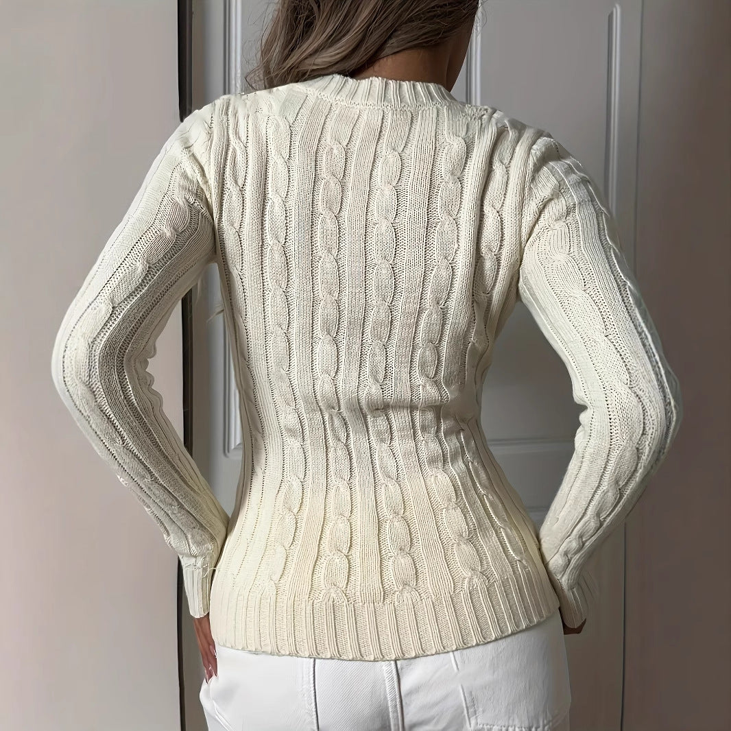 Zopfstrick V-Ausschnitt Pullover – Eleganter Damen Langarm Strickpullover