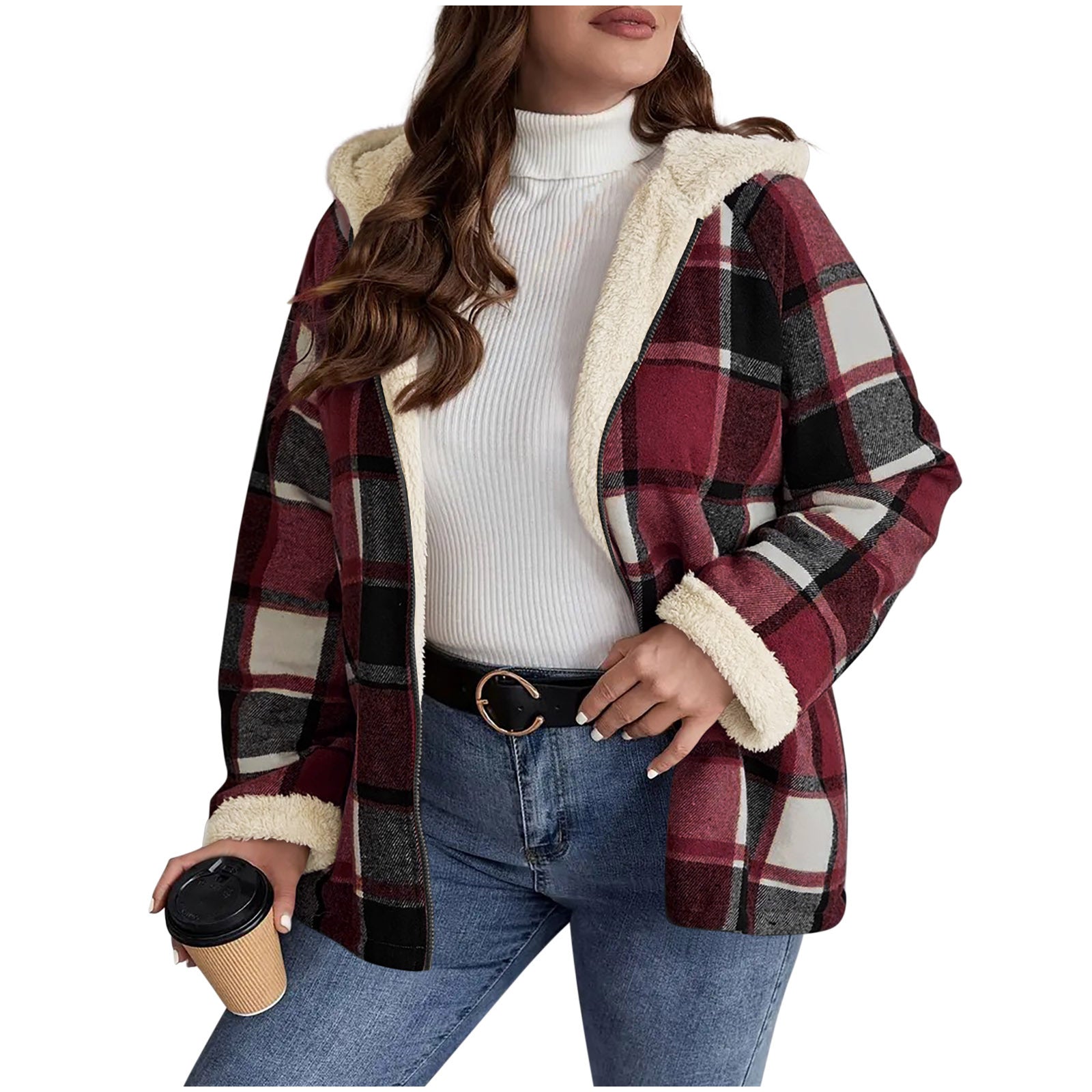 Checkered women's coat with hood | Warm winter jacket