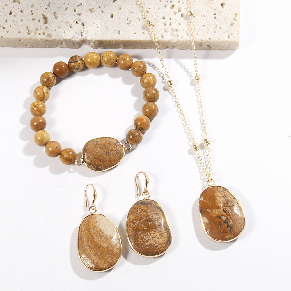 Golden Jewelry Set with Natural Stone – Necklace, Bracelet & Earrings for Women