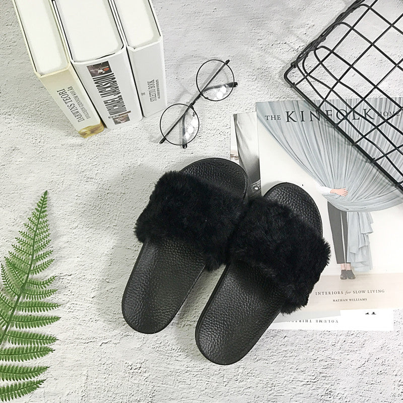 Women's Fur Slippers Korean Style | Fluffy Indoor Sandals