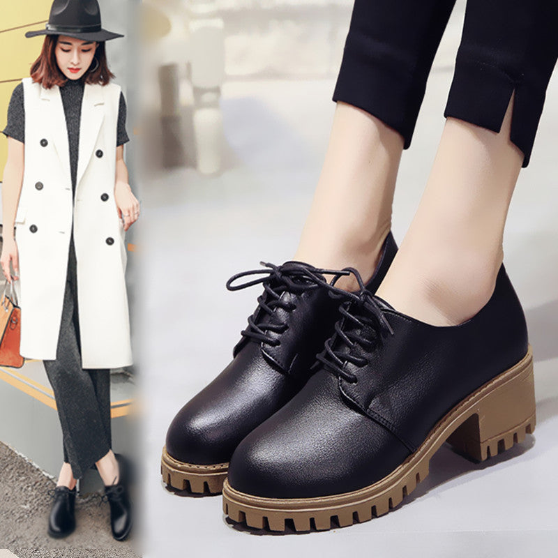 Women's Leather Retro Block Heel Shoes | Comfortable Elegant Korean Style