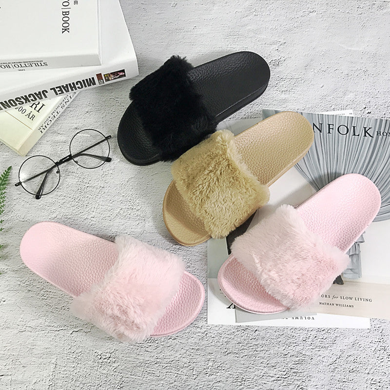 Women's Fur Slippers Korean Style | Fluffy Indoor Sandals