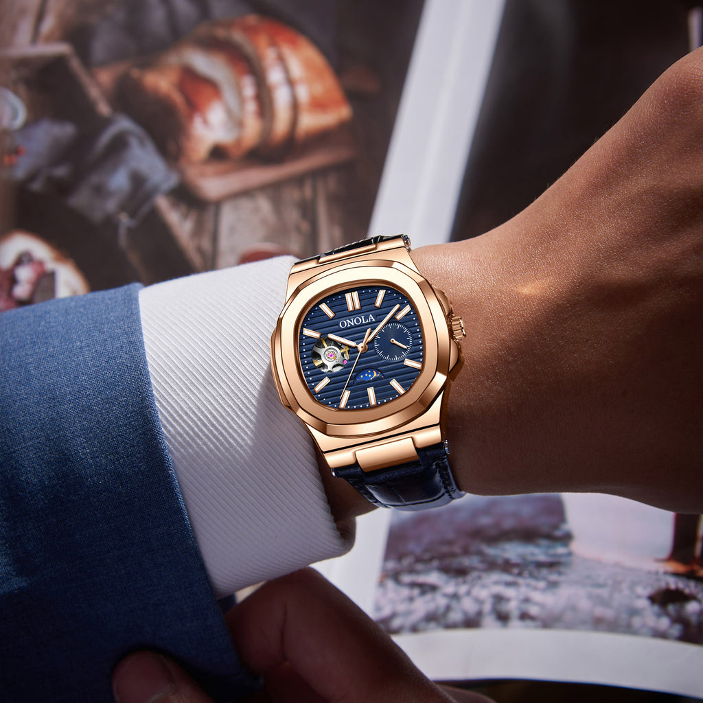 Men's Automatic Watch Luxury | Sun Moon Stars Leather Strap