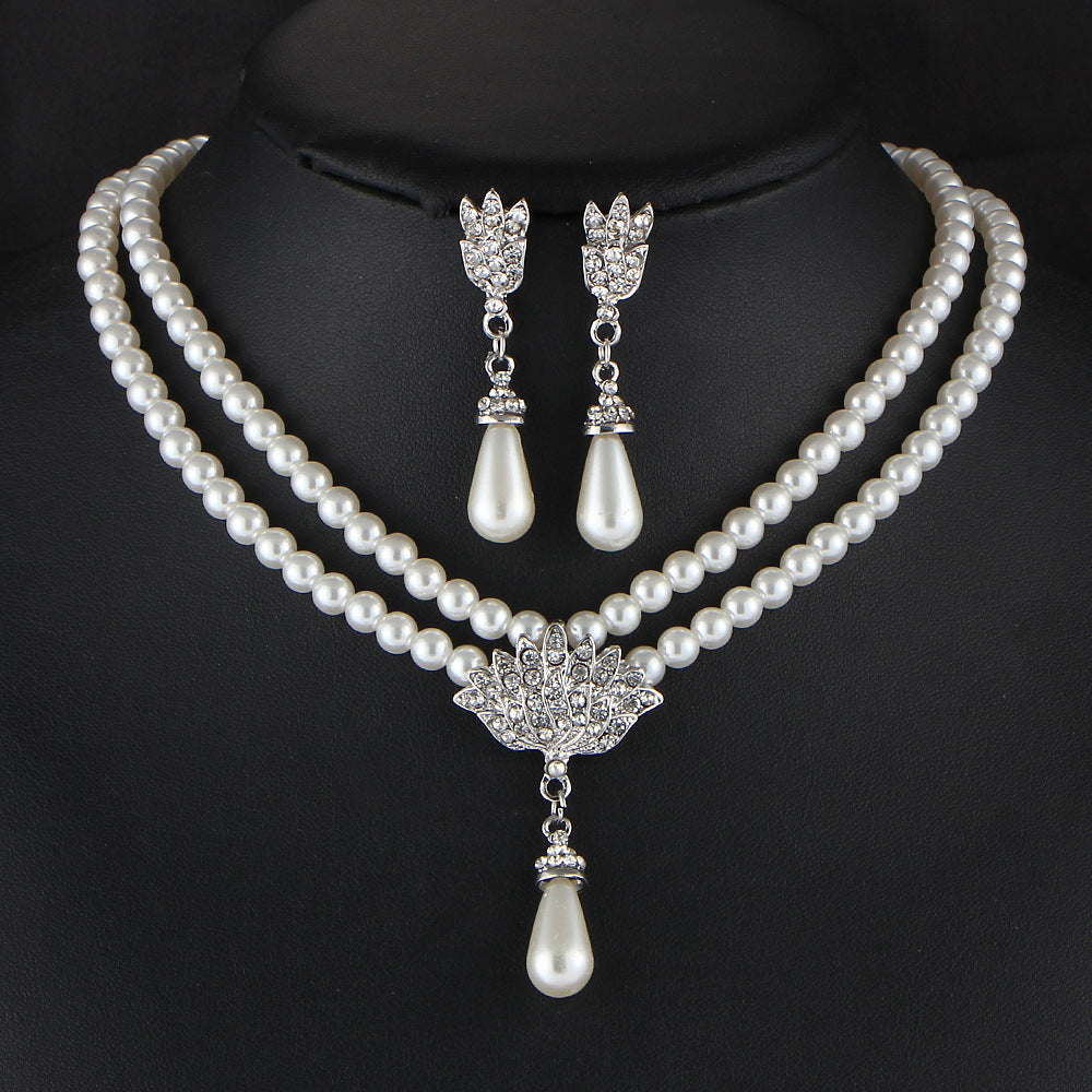 Bride Pearl Crystal Jewelry Set - Elegant Luxury Wedding Style Necklace