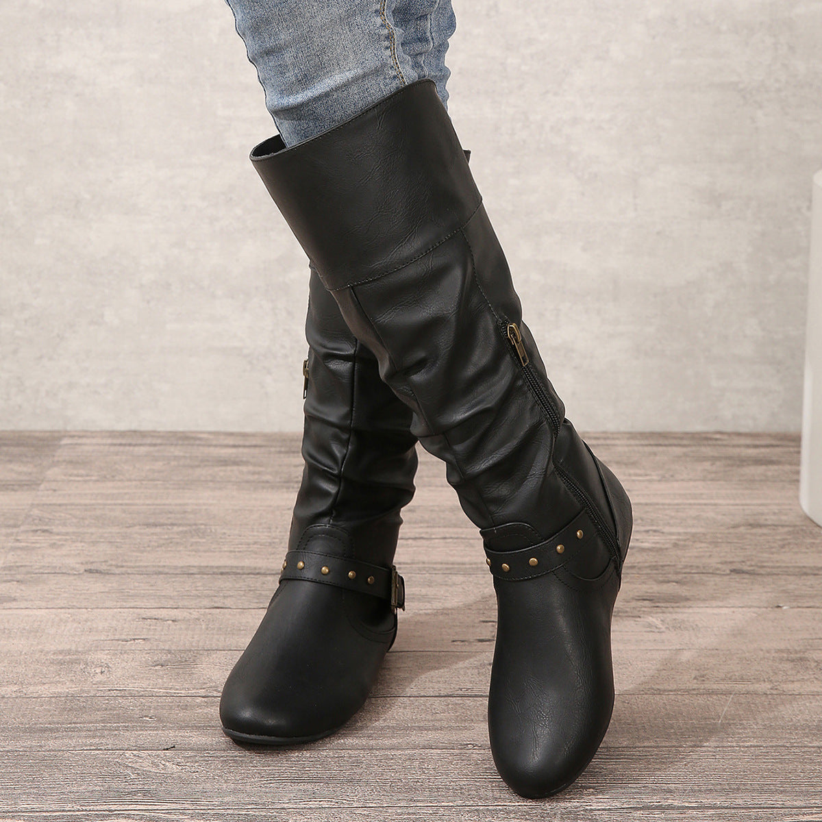 Damen Retro Leder Boots – Runde Spitze mit Schnallenriemen