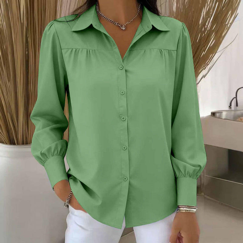 Women's Blouse with Lantern Sleeves – Solid Color, Loose & Elegant
