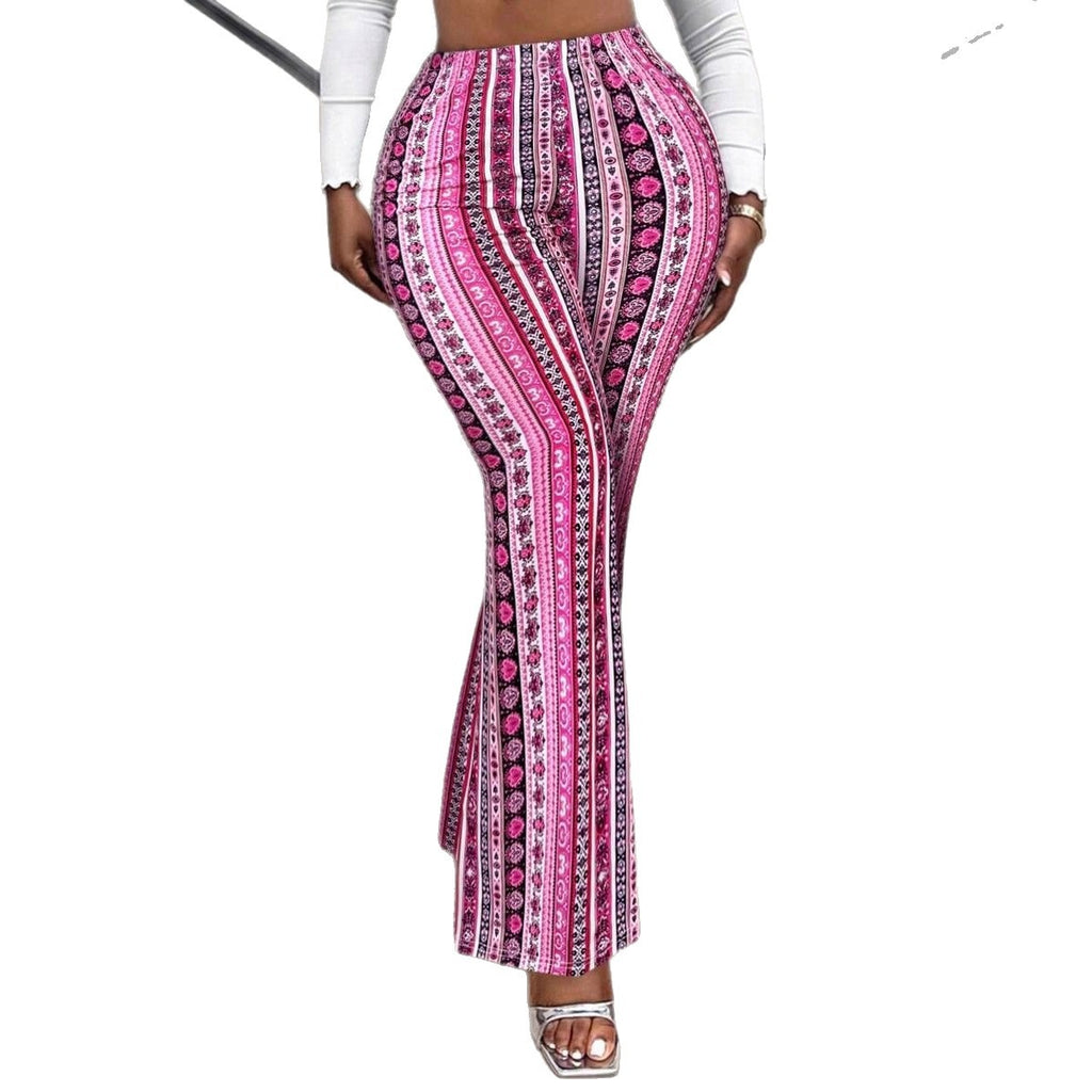 Women's Ethnic Flare Trousers with Print – High Waist Flared Trend Trousers