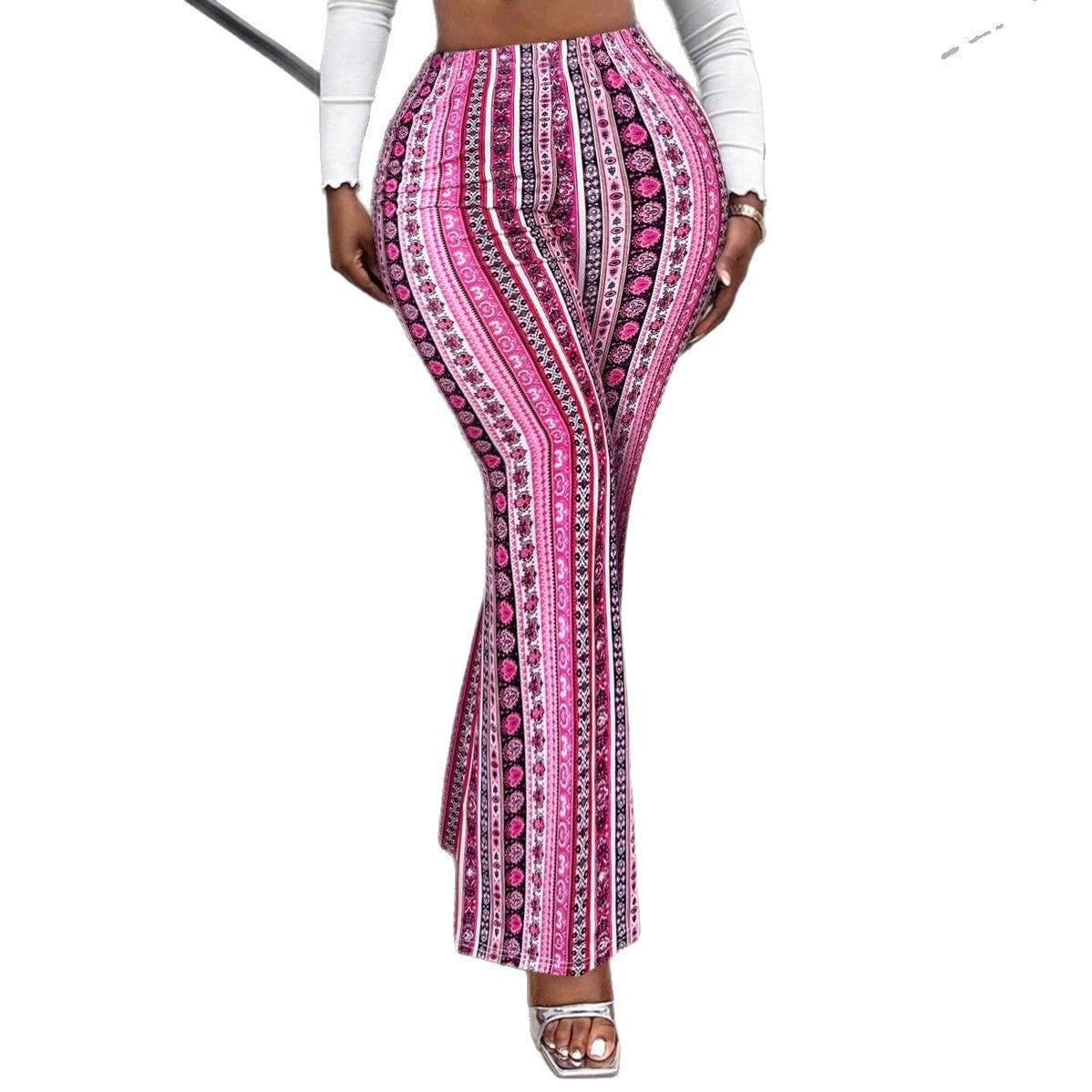 Women's Ethnic Flare Trousers with Print – High Waist Flared Trend Trousers