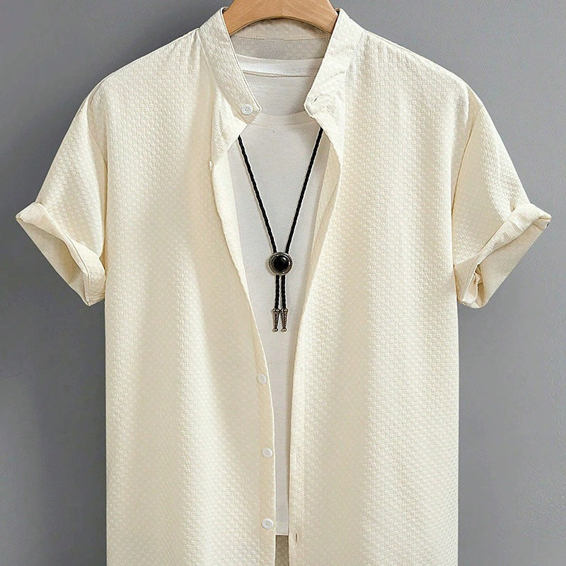 Men's Stand-Up Collar Shirt | Summer Short Sleeve Plain Breathable