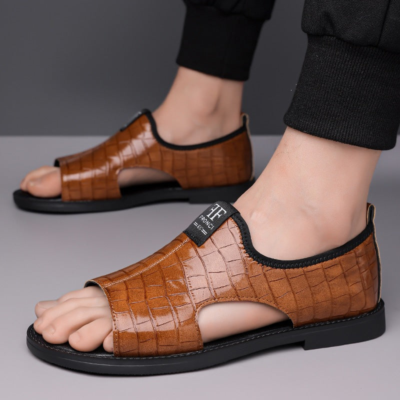 Men's Leather-Look Mules with Embossing Open Summer Sandals