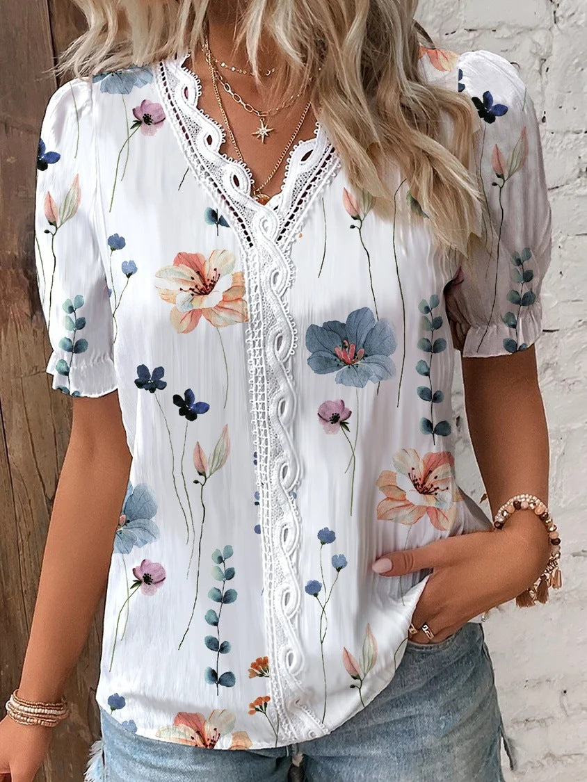 Damen Sommerbluse Spitze V-Ausschnitt | Eleganter Print Look