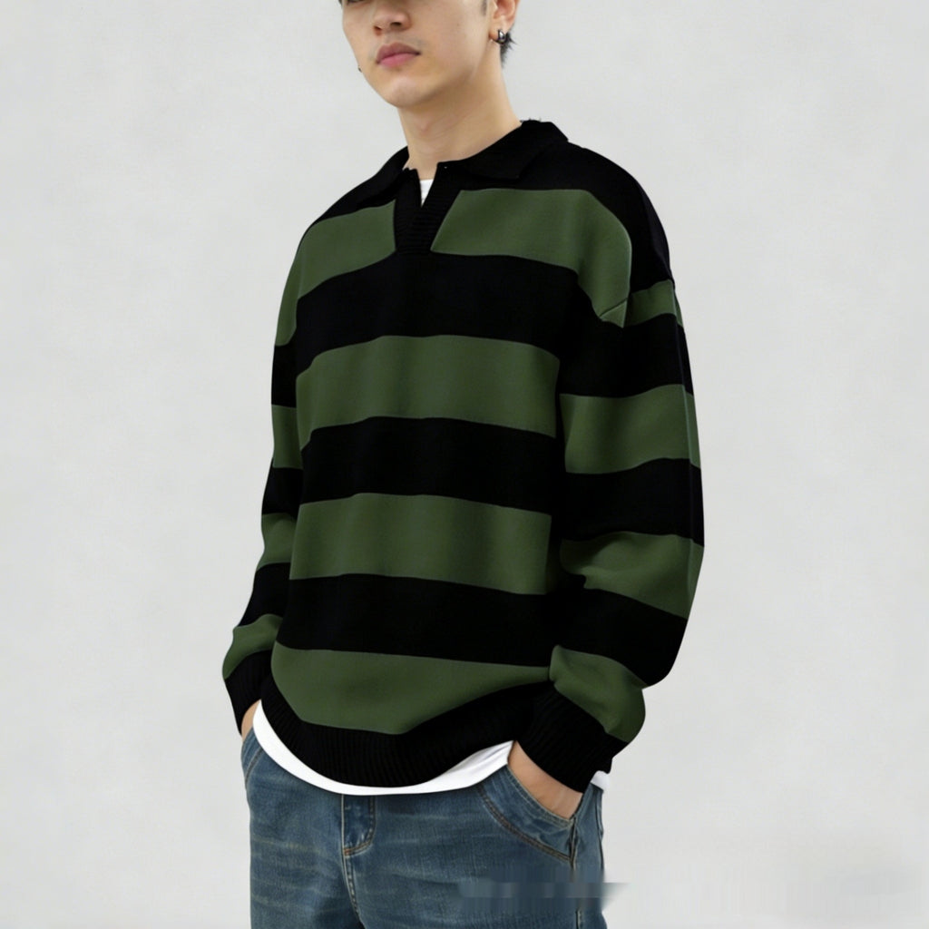 Herren V-Ausschnitt Pullover – Gestreifter Strickpullover Casual
