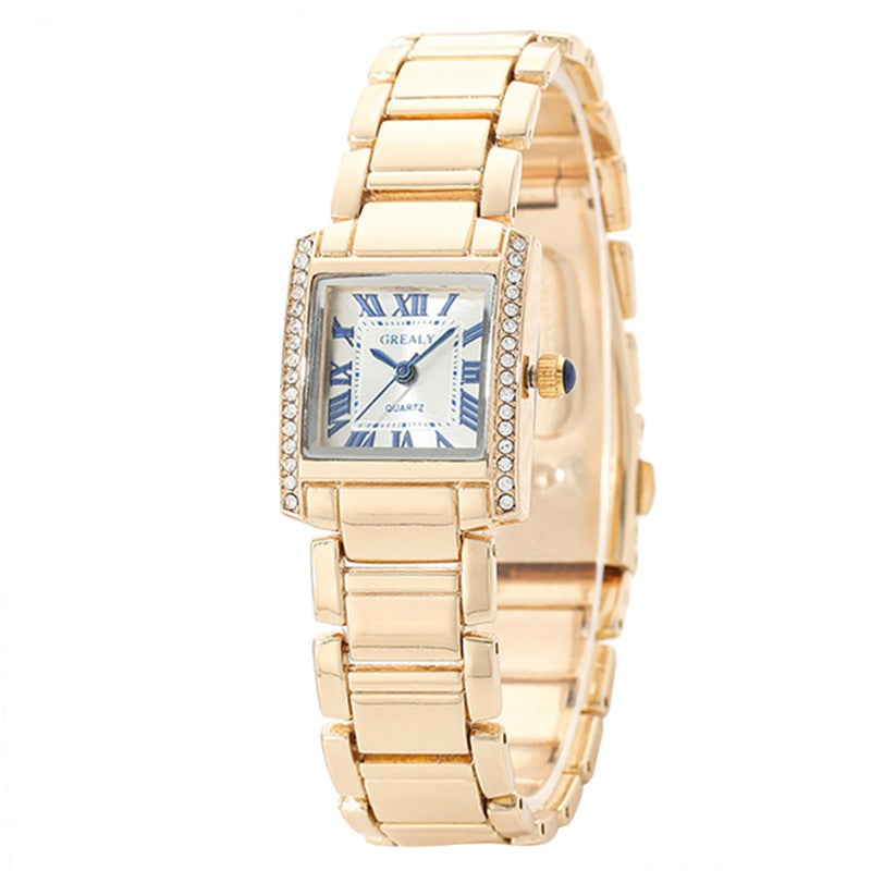Women's Rectangular Luxury Watch – Roman Numerals & Rhinestones