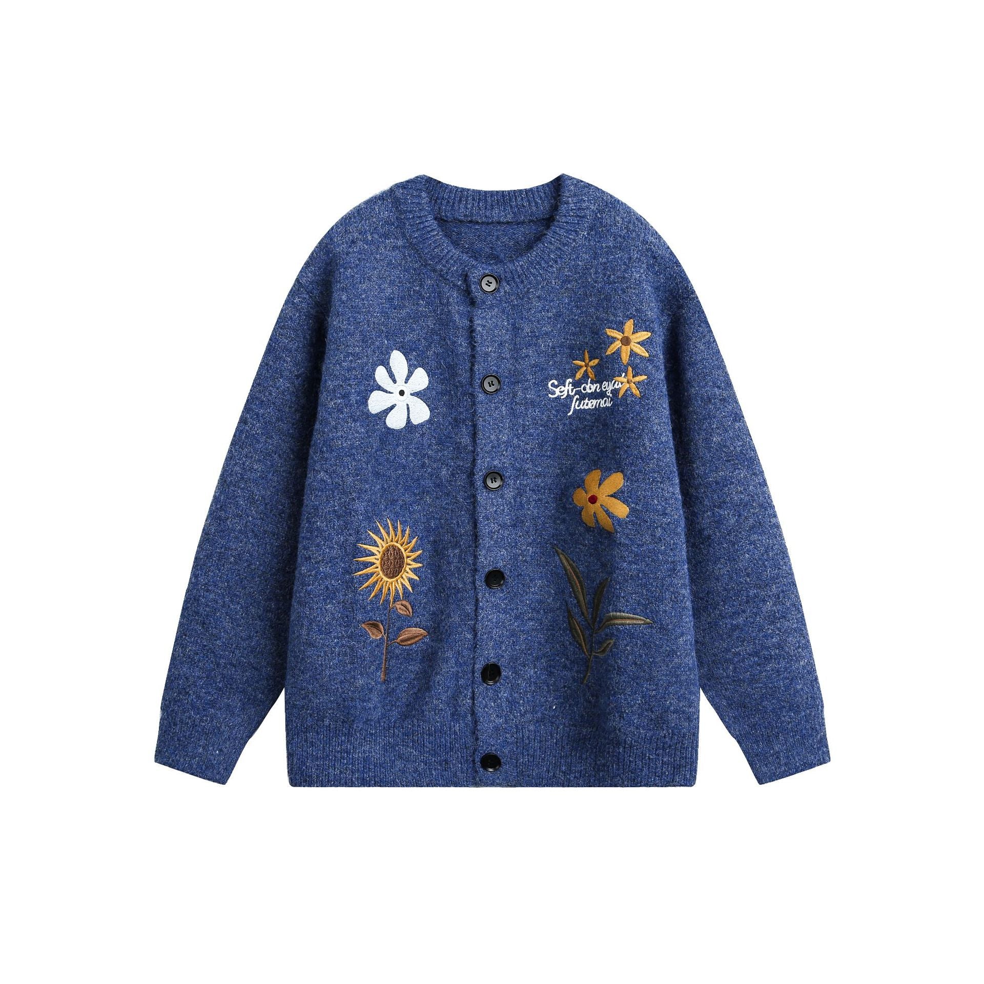 Women's Knitted Cardigan with Floral Embroidery – Retro Preppy Style