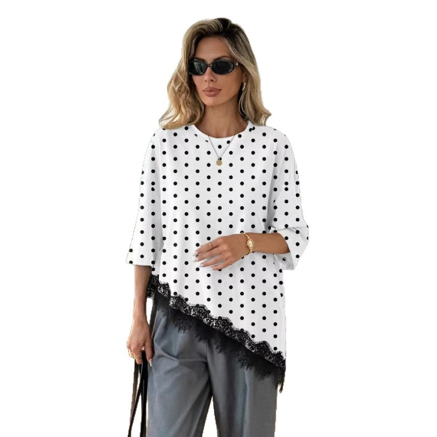 Women's Polka Dot Top with Lace – Asymmetric & Elegantly Modern